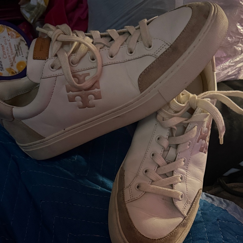 Tory Burch White Leather Sneakers with Beige Suede Accents damage, it’s fixable